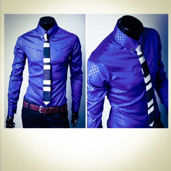 Men's Royal Blue Long Sleeve Slim Fit Dress Shirt - Picture 3 of 6